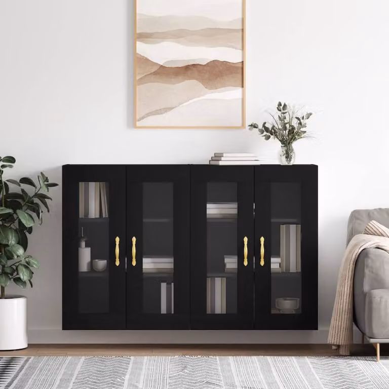 Berkfield Home Set of 2 Modern Wall Mounted Cabinets in Black with Glass Doors and Internal Shelves