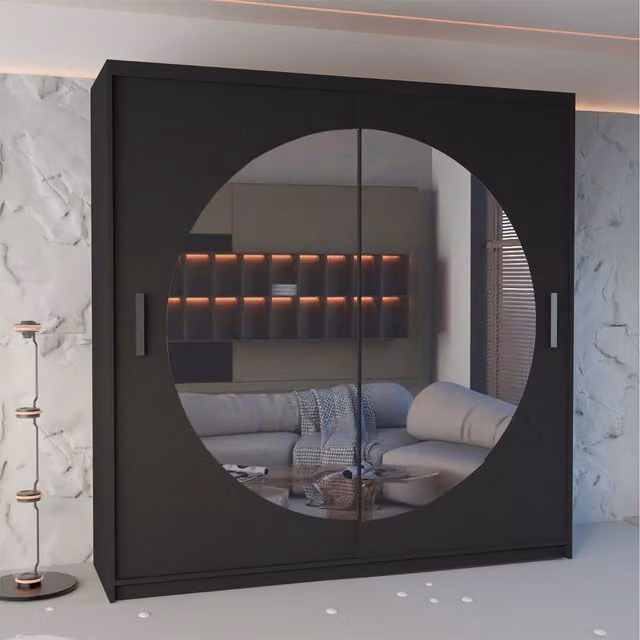 Sliding Wardrobes 4 u Modern Double Door Sliding Wardrobe with Mirror and Internal Shelving, Black, White or Grey, Width: 150 cm