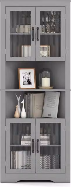 Costway 6-Tier Corner Storage Cabinet with 4 Glass Doors, Grey, Height: 170 cm