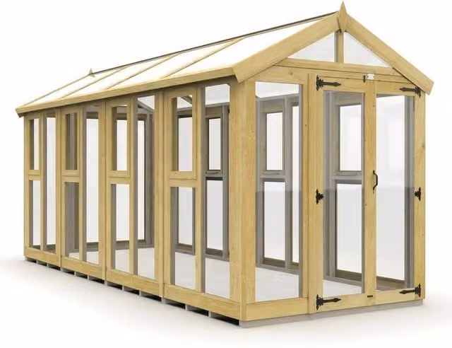 Buttercup Farm Apex Glass Greenhouse in Natural Wood, W/D/H: 464.52 x 182.88 x 210 cm