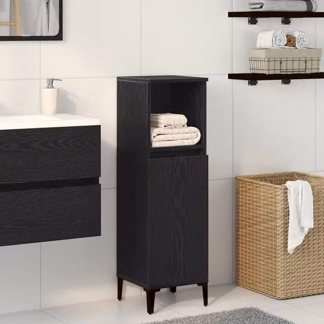 Berkfield Home Modern Black Oak Bathroom Cabinet with Internal Shelves and Hinged Doors, W/D/H: 30 x 30 x 100 cm