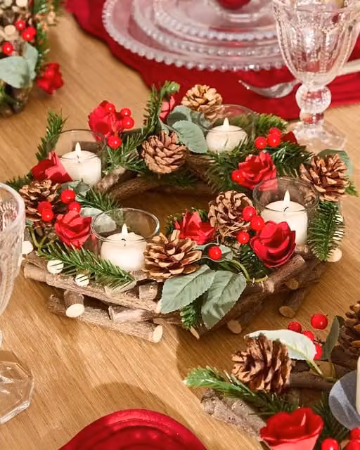 Dibor Christmas Roses Red Table Centrepiece Tealight Holder, 30 cm