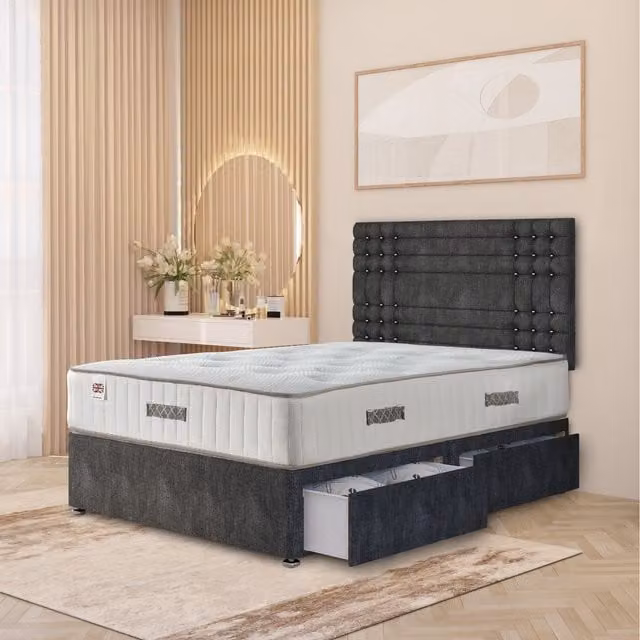Somnior Beds Ltd Saville Tweed Fabric Divan Bed Set with 32 inch Headboard and Orthopaedic Mattress, Charcoal Grey, W/D/H: 90 x 200 cm