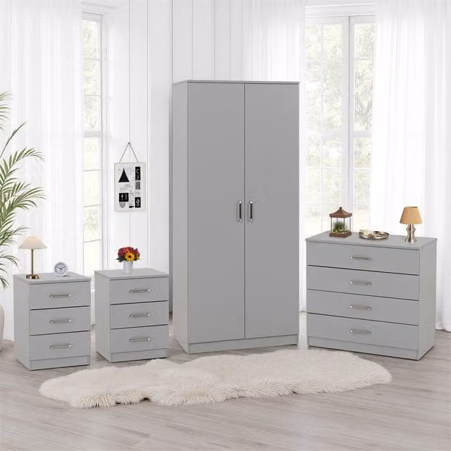 Seconique Dakota Modern 2 Door Wardrobe, Chest of Drawers and Nightstand Bedroom Set in Matt Light Grey
