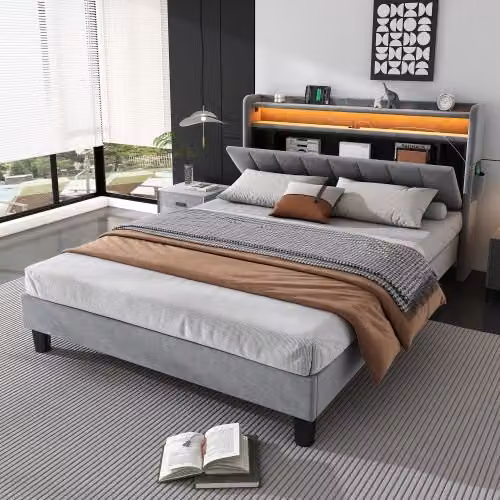 Matteo Grey Velvet Upholstered Double Bed with Under-Bed LED Lighting and USB Charging Ports, W: 135 cm, L: 190 cm