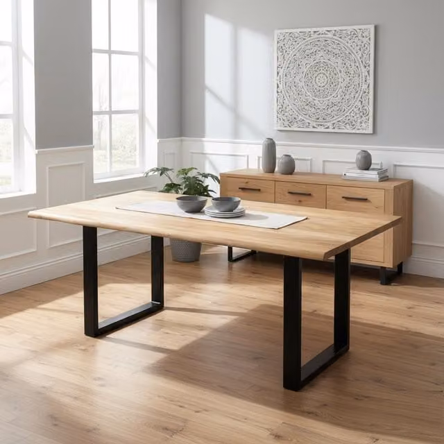 IH Design Live Edge Acacia Wood Dining Table with Black Metal Legs, Brown, Width: 200 cm