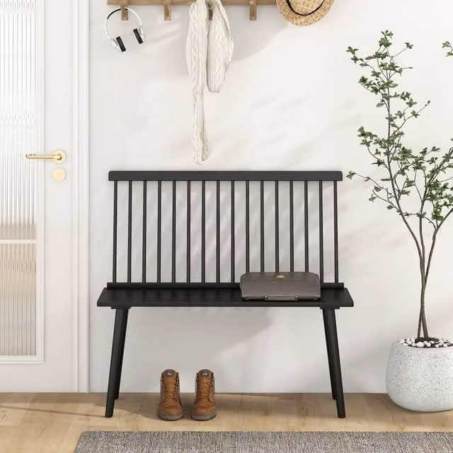 Costway Black Rubberwood Windsor Entryway Bench with Backrest