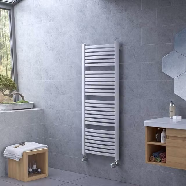 Bathroom Kingdom Fino White Curved Wall Mounted Heated Towel Rail H: 139.5 cm, W: 58.0 cm