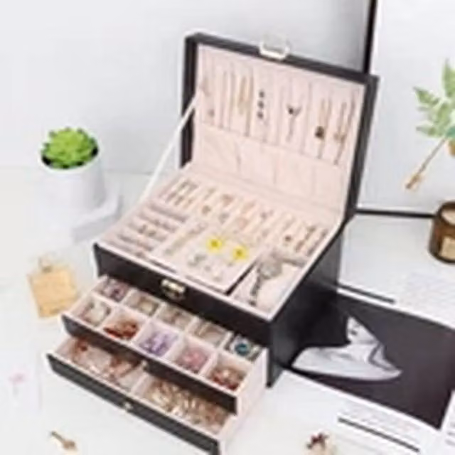 EONLION 3-Tier Large Fabric Jewellery Box Drawer Cabinet and Necklace Organiser in Black