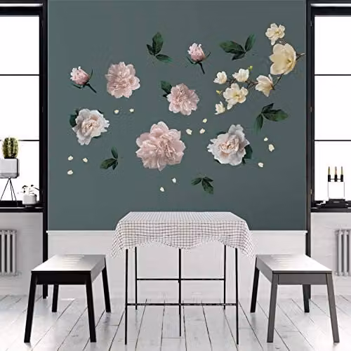 WALPLUS White Magnolia and Roses Wall Stickers, W 207 cm x H 151 cm, Removable Floral Wall Decals