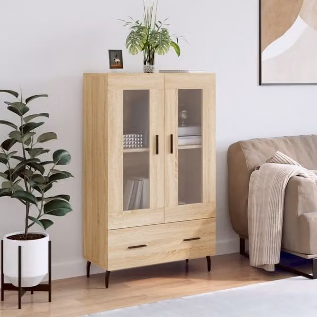 Berkfield Home Sonoma Oak Highboard in Brown with Glass Doors, W/D/H: 69.5 x 31 x 115 cm