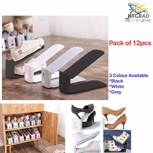 Hygrad Built to Survive 12 Pack Adjustable Plastic Shoe Storage Organiser Slots in Black