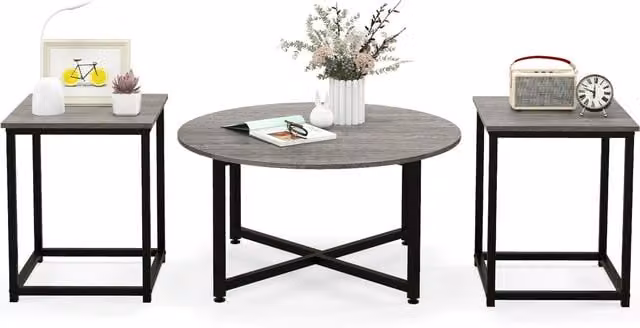 COSTWAY Grey Round Sofa Side Table with 2 Square Metal End Tables