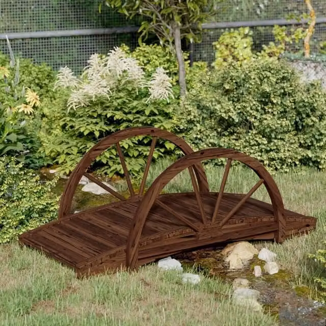 Berkfield Home Garden Bridge with Half-wheel in Brown Solid Wood, W/D/H: 99 x 50 x 38 cm