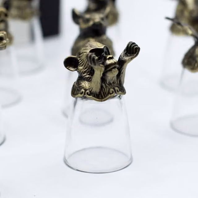 Serenityy 12-Piece Chinese Zodiac Shot Glass Set, 25ml, Clear with Antique Metal Base