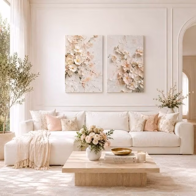 Mafett Ivory Garden Dream 2 Set Canvas Wall Art Prints in Pink and Ivory, Floral Botanical Illustration, W: 45.7 cm, H: 61.0 cm