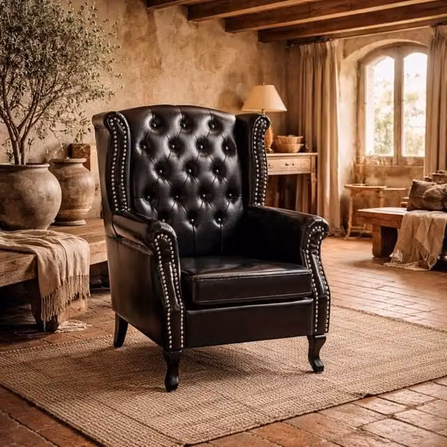 Wyld Haus Nana Bafa Black Synthetic Leather Wingback Chesterfield Accent Chair with Solid Wood Frame