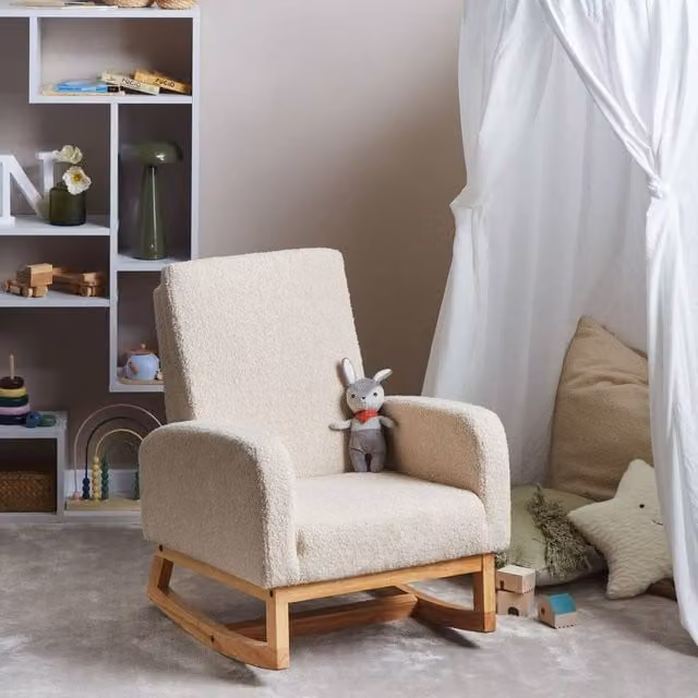 Wyld Haus Kids Highback Rocking Chair in Light Beige Bouclé with Rubberwood Frame