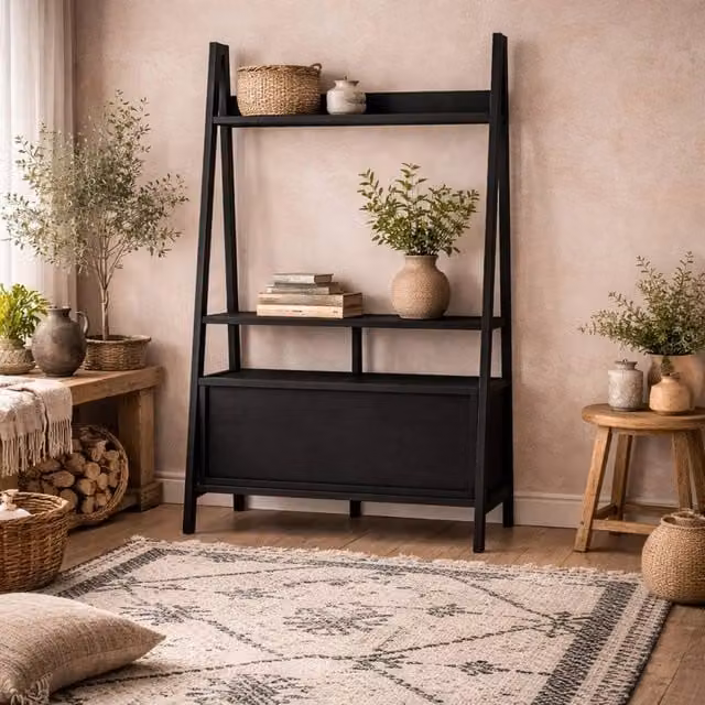 Wyld Haus Athy Small Matt Black Wooden Ladder TV Unit W/D/H: 105.0 x 38.6 x 175.4 cm