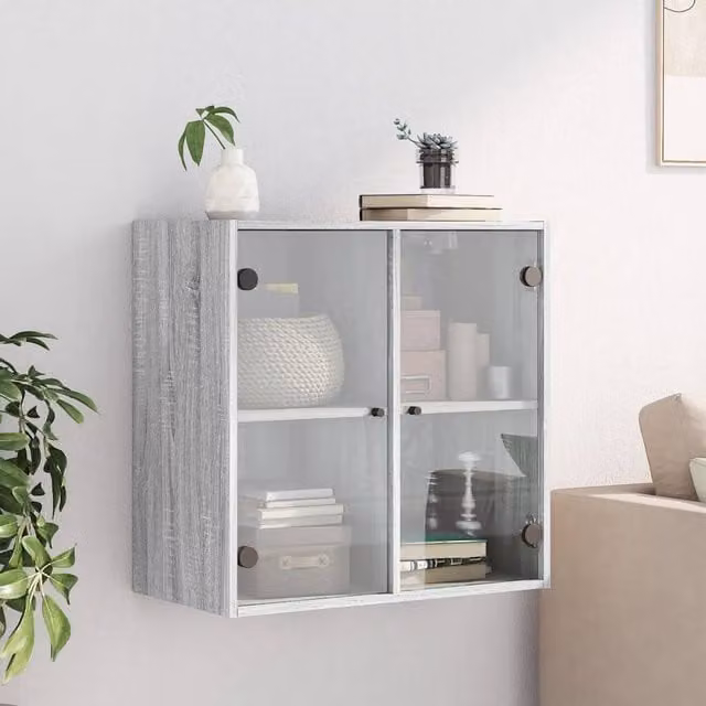 Berkfield Home Wall Cabinet with Glass Doors in Grey Sonoma, W/D/H: 68 x 37 x 68.5 cm