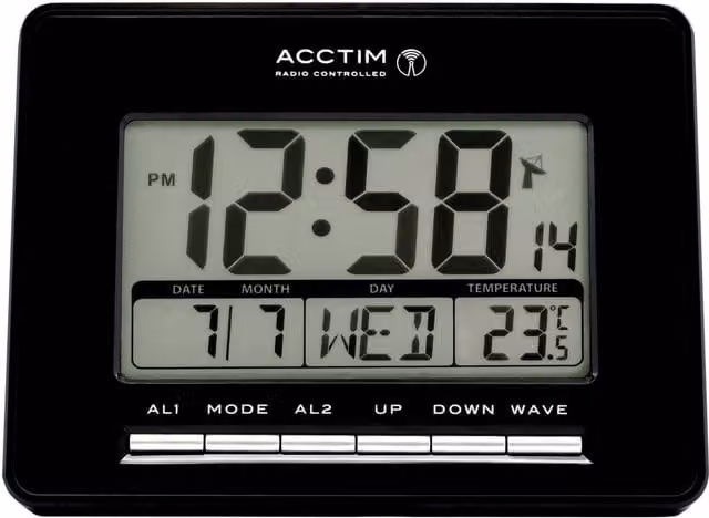 Acctim Infinity Black Digital Radio Controlled Wall Clock with Date Display, Thermometer and Illumination