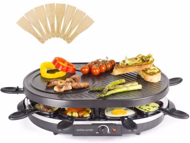Andrew James Traditional Raclette Grill in Black with Non-Stick Ribbed and Smooth Plates