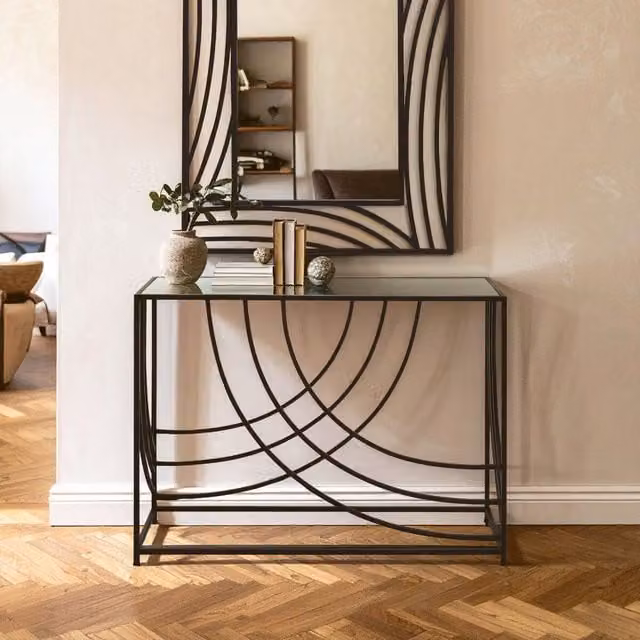 Orsina Industrial Glass Top Console Table with Black Metal Frame, W/D/H: 101 x 33 x 76 cm