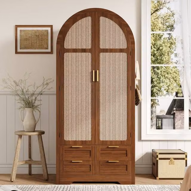 Rolipo Modern Walnut Wardrobe with Curved Rattan Doors and Integrated Drawers in Brown