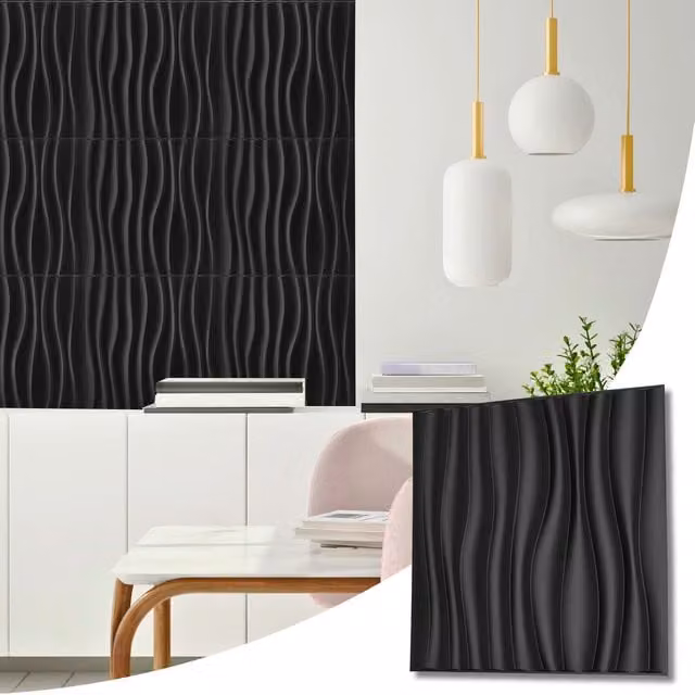 NOVECRAFTO Black Waves Design 3D PVC Wall Cladding Panels, 10 Pack, W: 50 cm x H: 50 cm x D: 2.5 cm