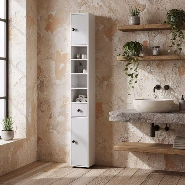 Wyld Haus Pabaha Tall Slim Bathroom Storage Cabinet, Light Grey, H 180 x W 20 x D 20 cm