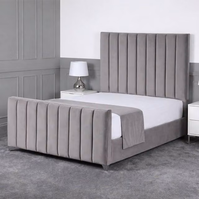 Living Comfort Bedz Empress Plush Velvet Upholstered Bed with Slatted Base and 48 Inch Headboard in Grey, Double Size