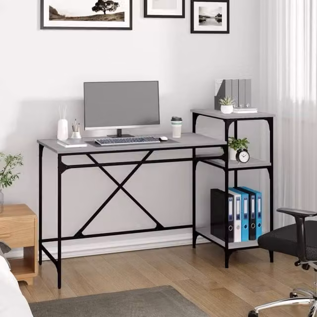 Berkfield Home Charming Writing Desk with Shelves in Grey Sonoma, W/D/H: 135 x 50 x 90 cm