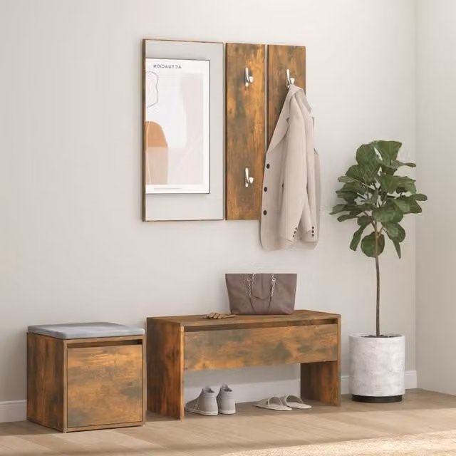 Berkfield Home Hallway Furniture Set in Smoked Oak Brown, including Bench, Mirror and Wall Rack