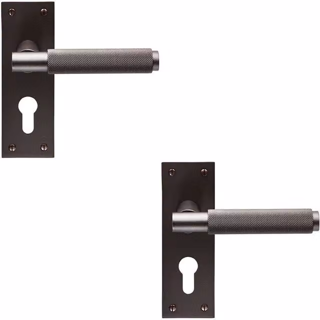 Loops 2x Pair Knurled Round Handles on Slim Euro Lock Backplate, Matt Bronze, W: 150 mm, H: 50 mm