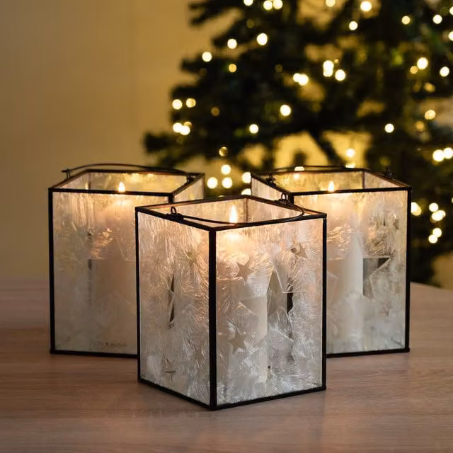 Scottish Everlastings Ltd Set of 3 Black Star Geometric Metal and Glass Tabletop Lanterns