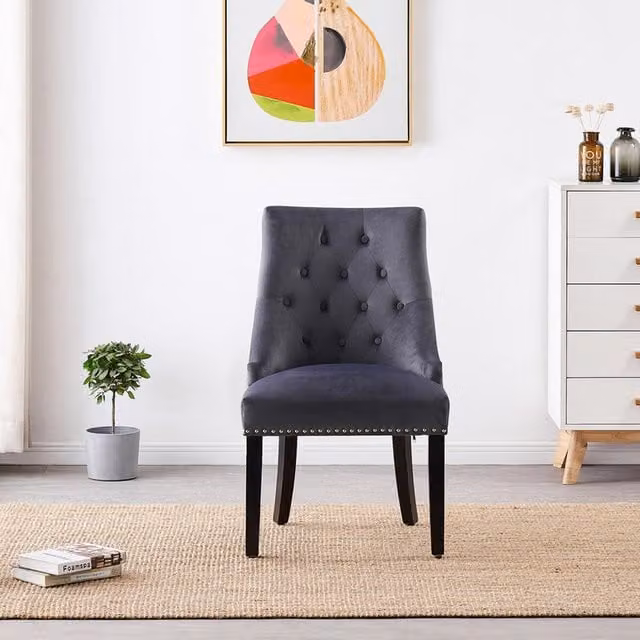 Life Interiors Single Velvet Dining Chair with Armrests and Button Tufting in Grey