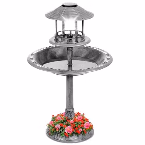 Gr8 Garden Grey Plastic Pedestal Wild Bird Bath and Solar Powered Garden Ornament