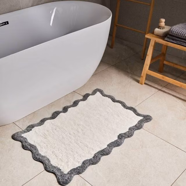 Wyld and Coco Cotton Bath Mat in Beige and Grey with Geometric Wavy Edge, W: 60 cm x D: 90 cm