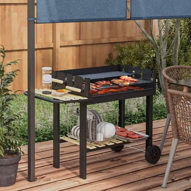 Outsunny Charcoal BBQ Grill with Cart, Black
