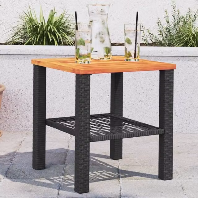 Berkfield Home Black Poly Rattan and Acacia Wood Garden Table, W/D/H: 40 x 40 x 42 cm