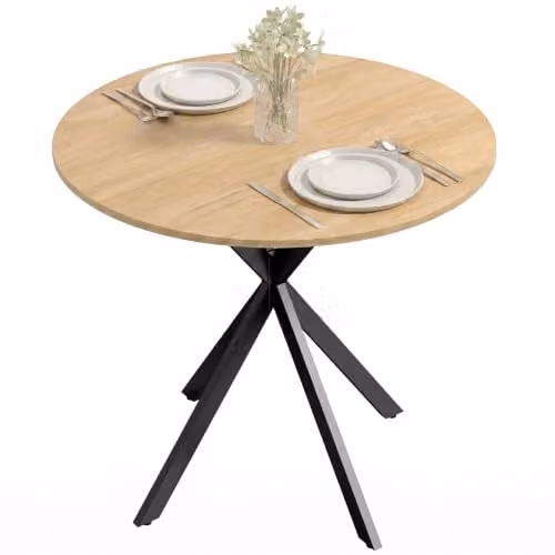 HOMCOM Round Industrial Dining Table with X-Frame Steel Legs in Oak and Black, Diameter: 80 cm, Height: 75 cm