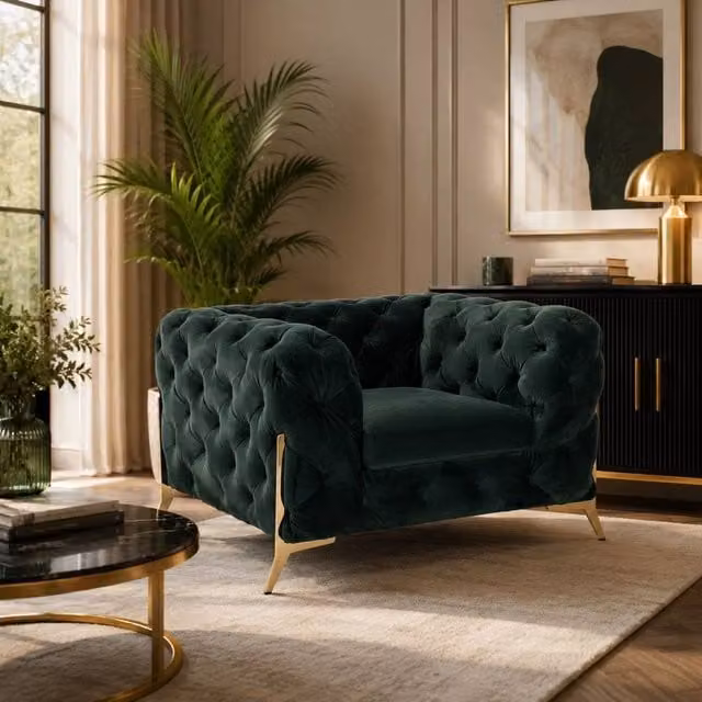 Stratus Interiors Green Plush Velvet 1 Seater Italian Chesterfield Sofa