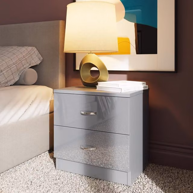 FWStyle Chilton 2 Drawer Bedside Table Grey Gloss H 46 x W 45 x D 40 cm