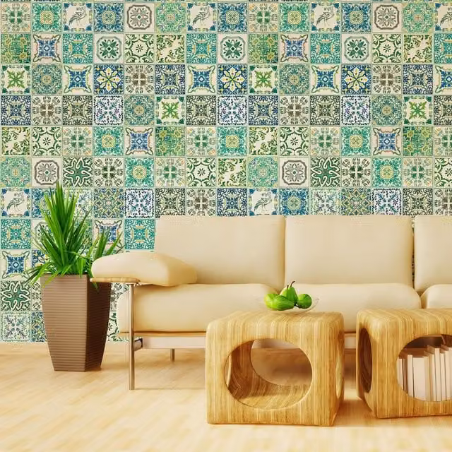 Walplus Adhesive Floral Wall Tile Stickers in Green and Blue, 12 Pack, 20 x 20 cm