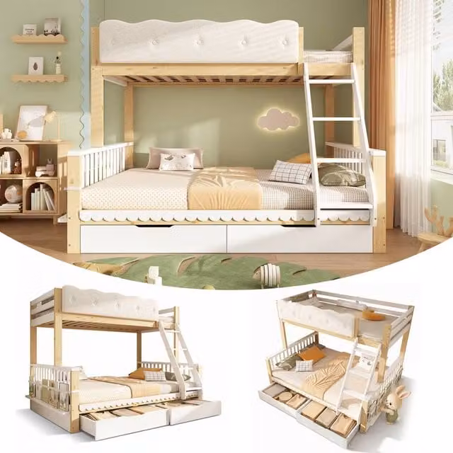 Rolipo Kids Single Over Double Bunk Bed with Storage Drawers in White Solid Pine Wood