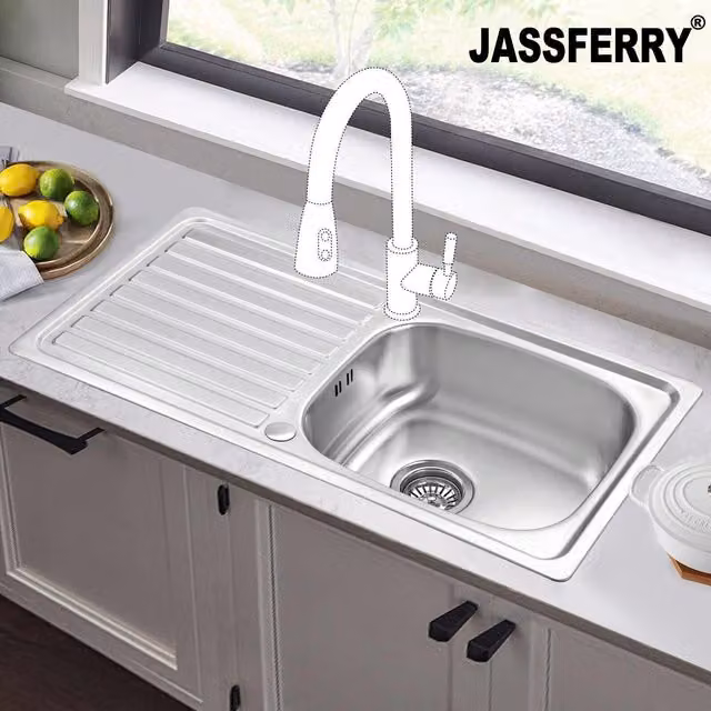 JASSFERRY Reversible Stainless Steel Kitchen Sink with Drainer in Silver, W/D/H: 86.0 x 43.5 x 16.0 cm