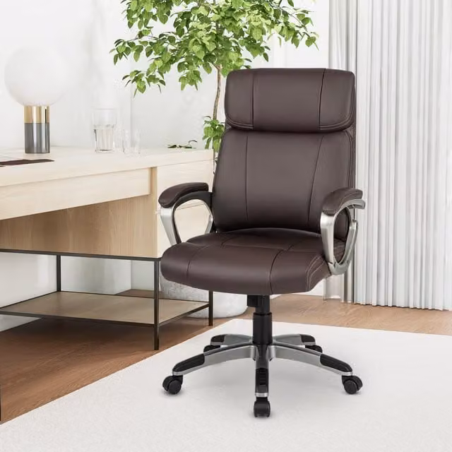 COSTWAY Brown Synthetic Leather Executive Swivel Office Chair with Armrests