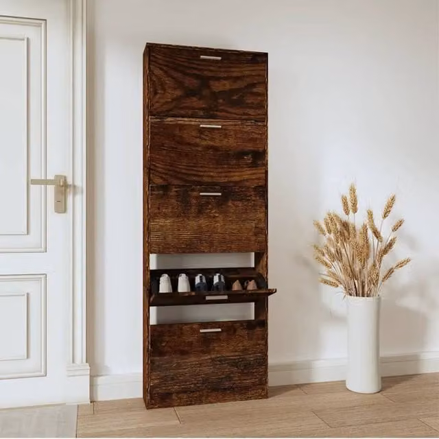 Berkfield Home Smoked Oak Shoe Cabinet in Brown, W: 59 cm, D: 17 cm, H: 169 cm