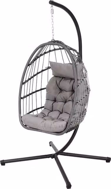Livingandhome Modern Rattan Garden Hanging Egg Chair with Soft Grey and Black Cushions