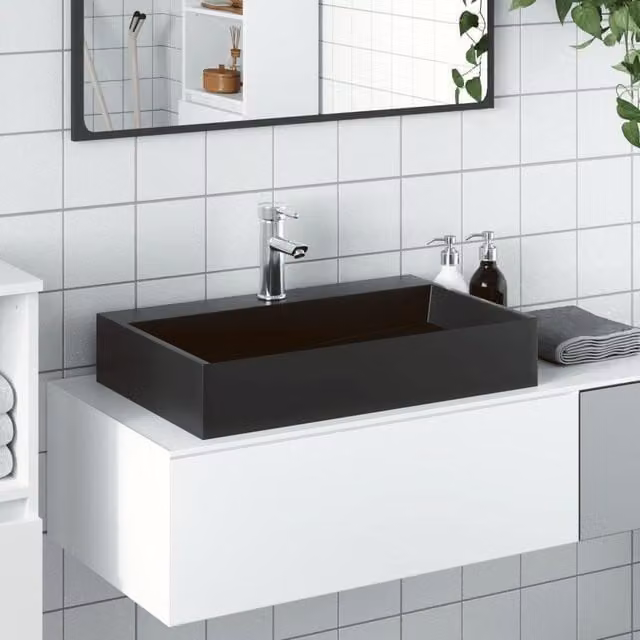 Berkfield Home Matt Black Mineral Cast Rectangular Countertop Wash Basin W: 60 cm, D: 38 cm, H: 11 cm